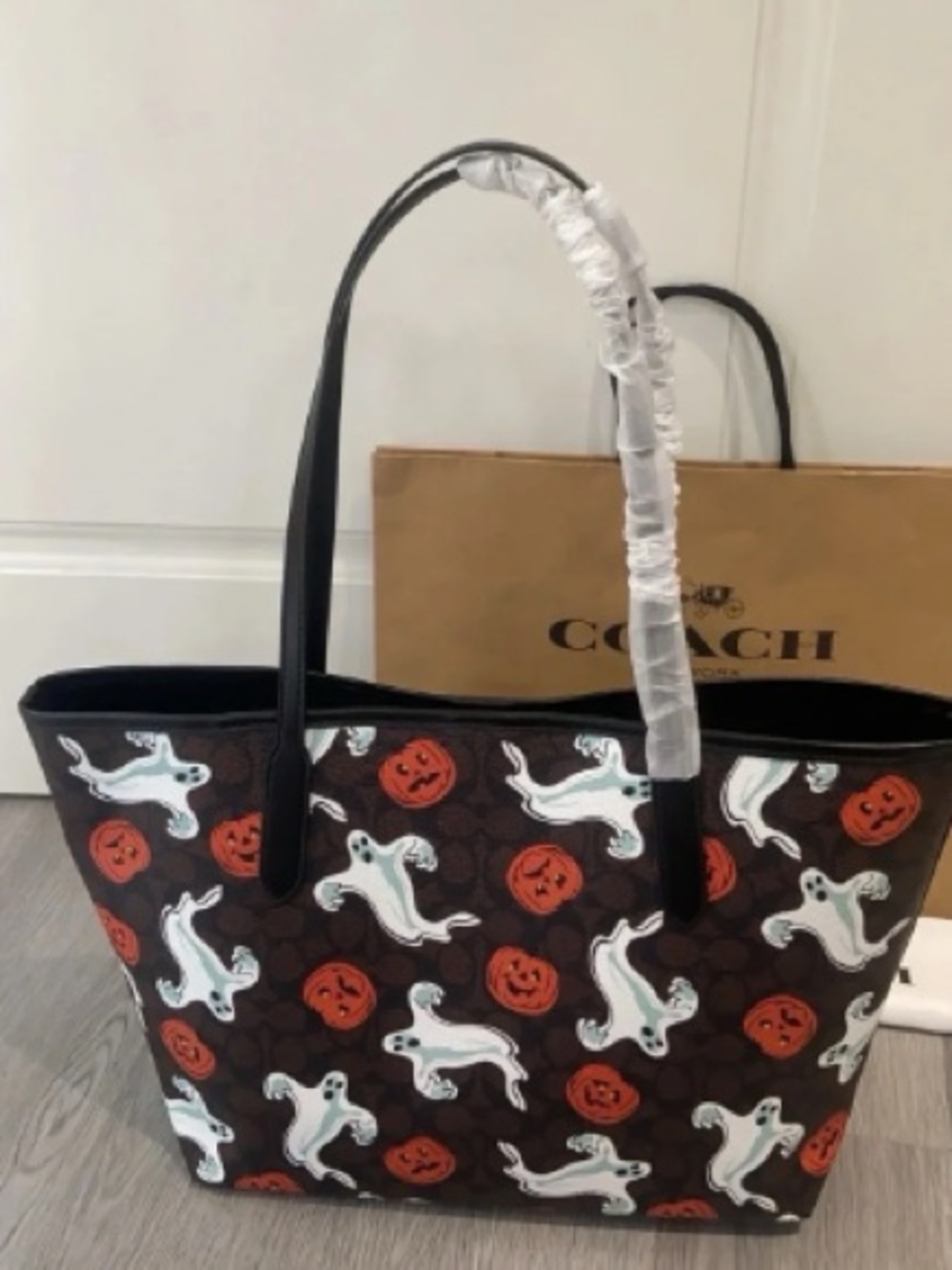 Coach Brown Tote with White Ghosts and Orange Pumpkin Faces